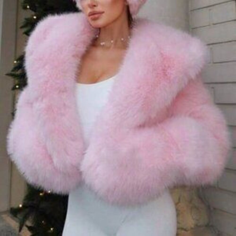 Pink Cute Women's Coat Jacket Faux Fox Fur Hooded Fleece Jacket - Picture 2 of 3